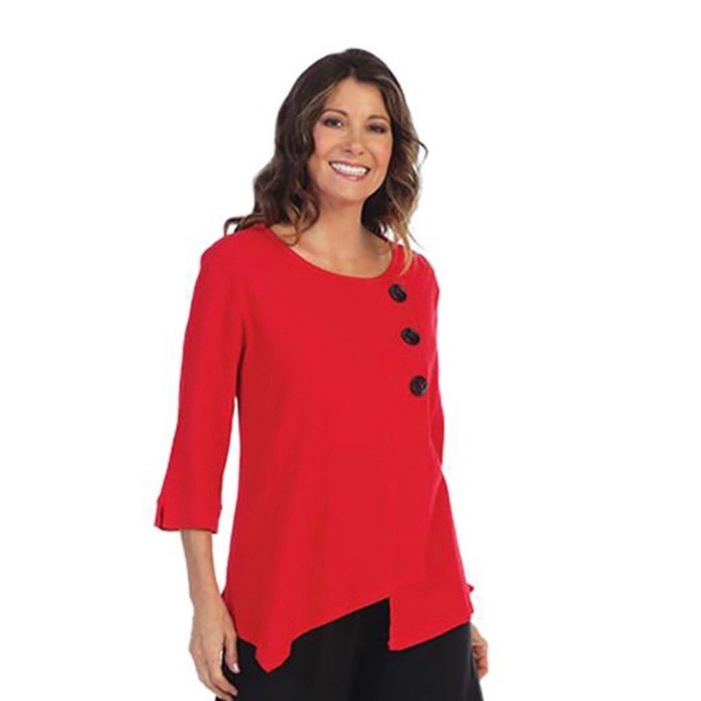 Focus Casual Life Red Textured Cotton Tunic Top 3/4 Sleeve Asymmetrical Hem M